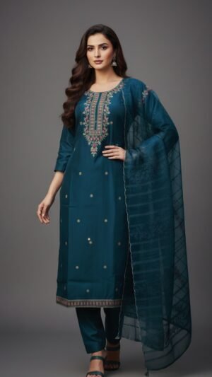 Teal Embroidered Roman Silk Suit Set
