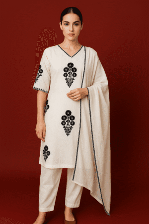 Elegant Black & White Mul Mul Cotton 3-Piece Set