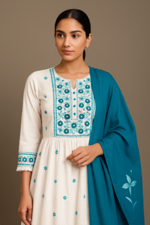 Cotton Anarkali Set with Brush Print Dupatta