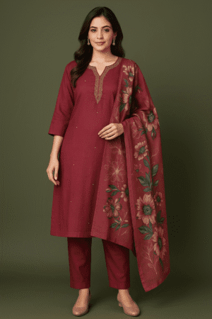 Elegant Wine Pink Roman Silk 3-Piece Suit Set