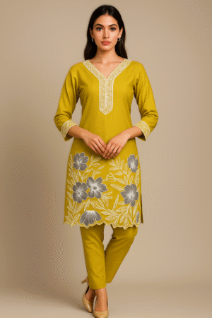 Mustard Floral Roman Silk Co-Ord Set – 2 Piece