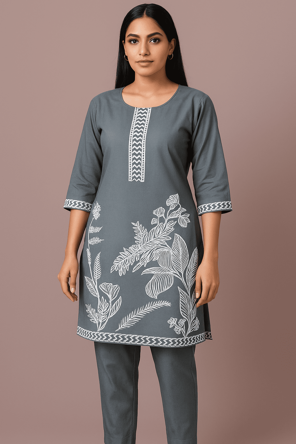 Elegant Grey Roman Silk Co-Ord Set with White Embroidery