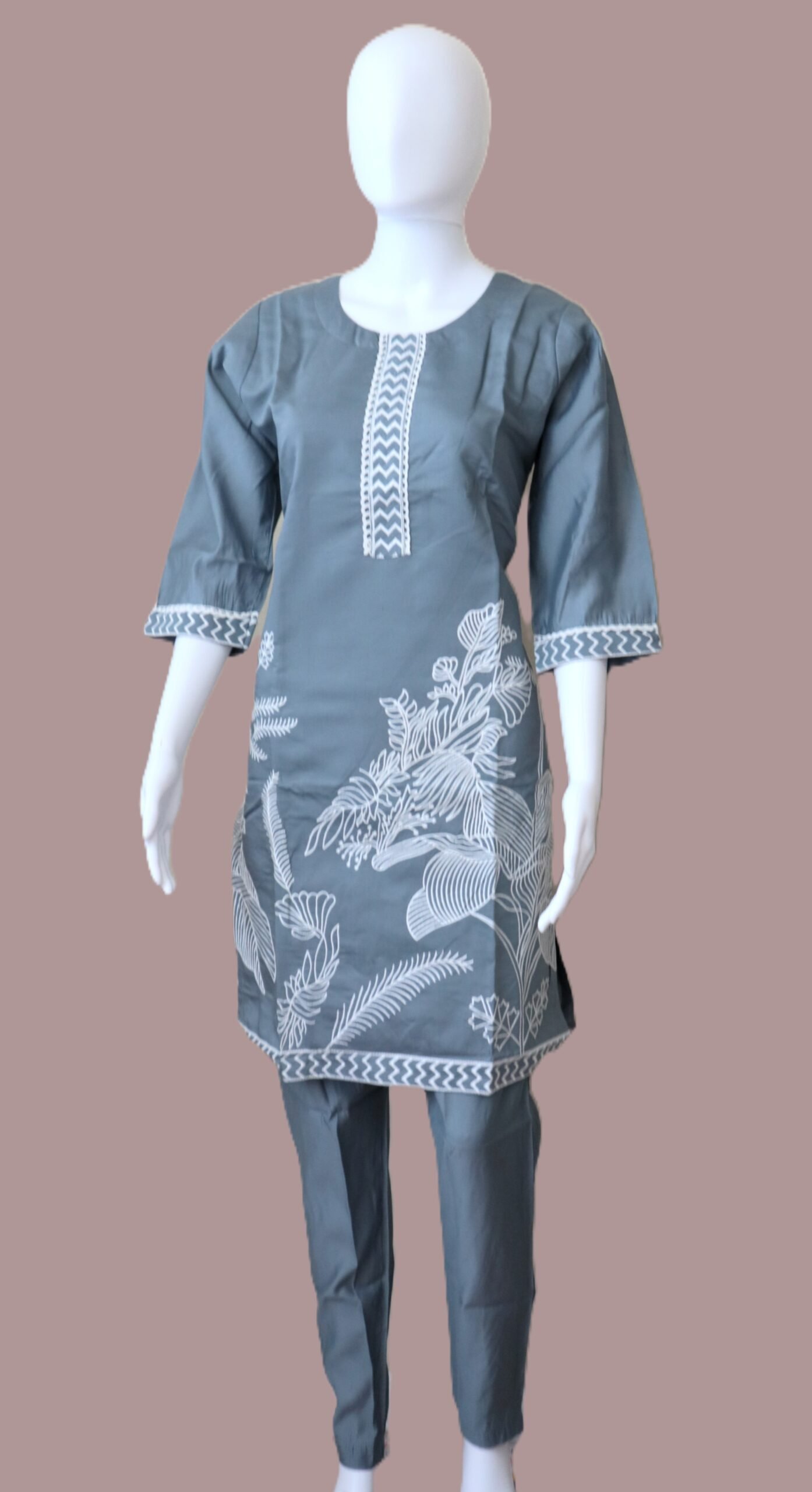 Elegant Grey Roman Silk Co-Ord Set with White Embroidery - Image 5