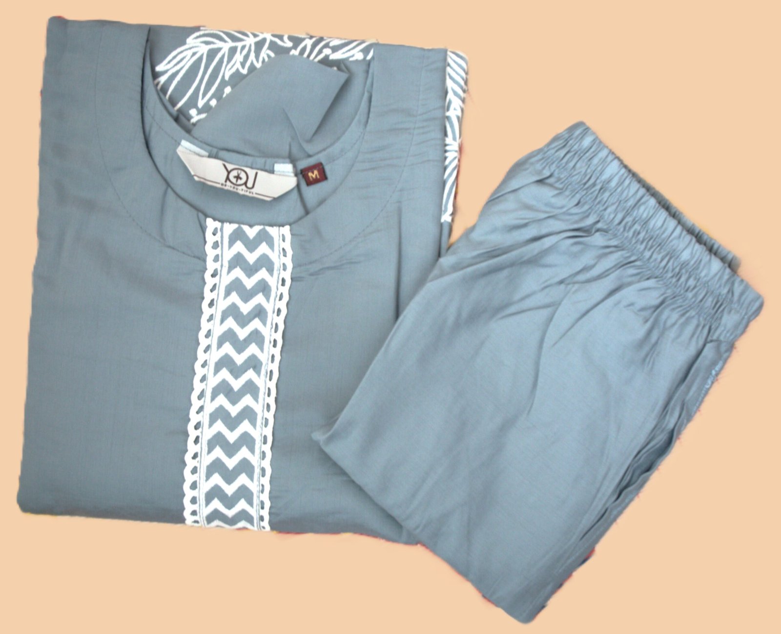 Elegant Grey Roman Silk Co-Ord Set with White Embroidery - Image 2