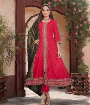 Red Vichitra Silk 3-Piece Set with Olive Dupatta