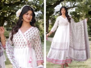 Floral Block Print Anarkali Set in Malmal Cotton