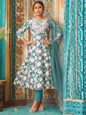 Floral Cotton 3-Piece Set with Chiffon Dupatta