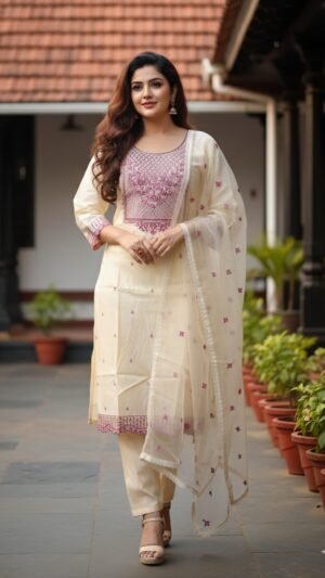 Roman Silk Cream & Pink Embroidered 3-Piece Set