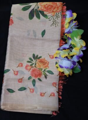Beige Floral Printed Linen Saree
