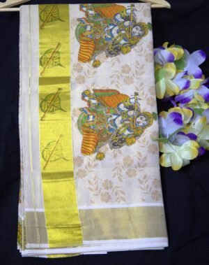 Divine Krishna Print Kerala Kasavu Saree