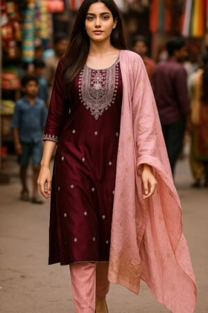 Wine & Blush Pink Roman Silk 3-Piece Suit Set