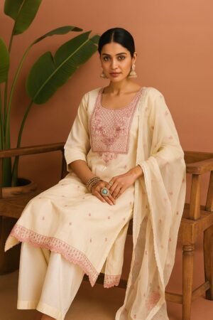 Roman Silk Cream & Pink Embroidered 3-Piece Set