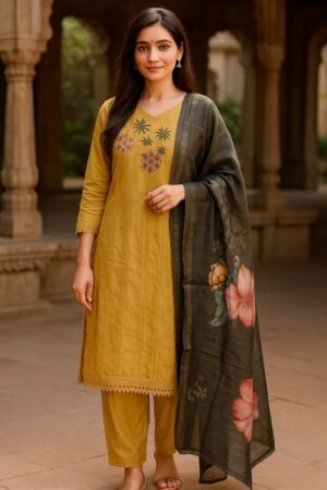 Muslin 3-Piece Suit Set with Floral Print Dupatta