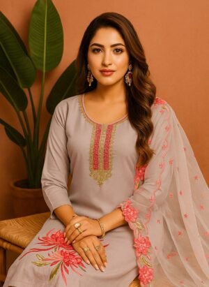 Pastel Mauve Embroidered Suit Set with Organza Dupatta