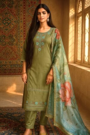 Olive Green Roman Silk Embroidered Suit Set