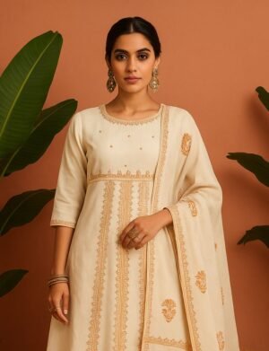 Graceful Cream Khadi Cotton 3-Piece Suit Set