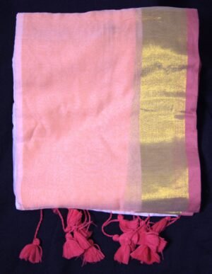 White Mul Cotton Saree with Peach Border