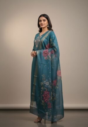 Elegant Teal Shimmer Silk 3-Piece Suit Set