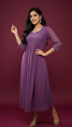 Georgette A-line Kurthi with yoke embroidery
