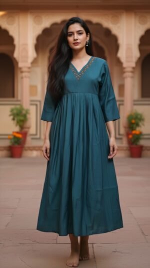 Teal Gadwal Silk Frock Kurti