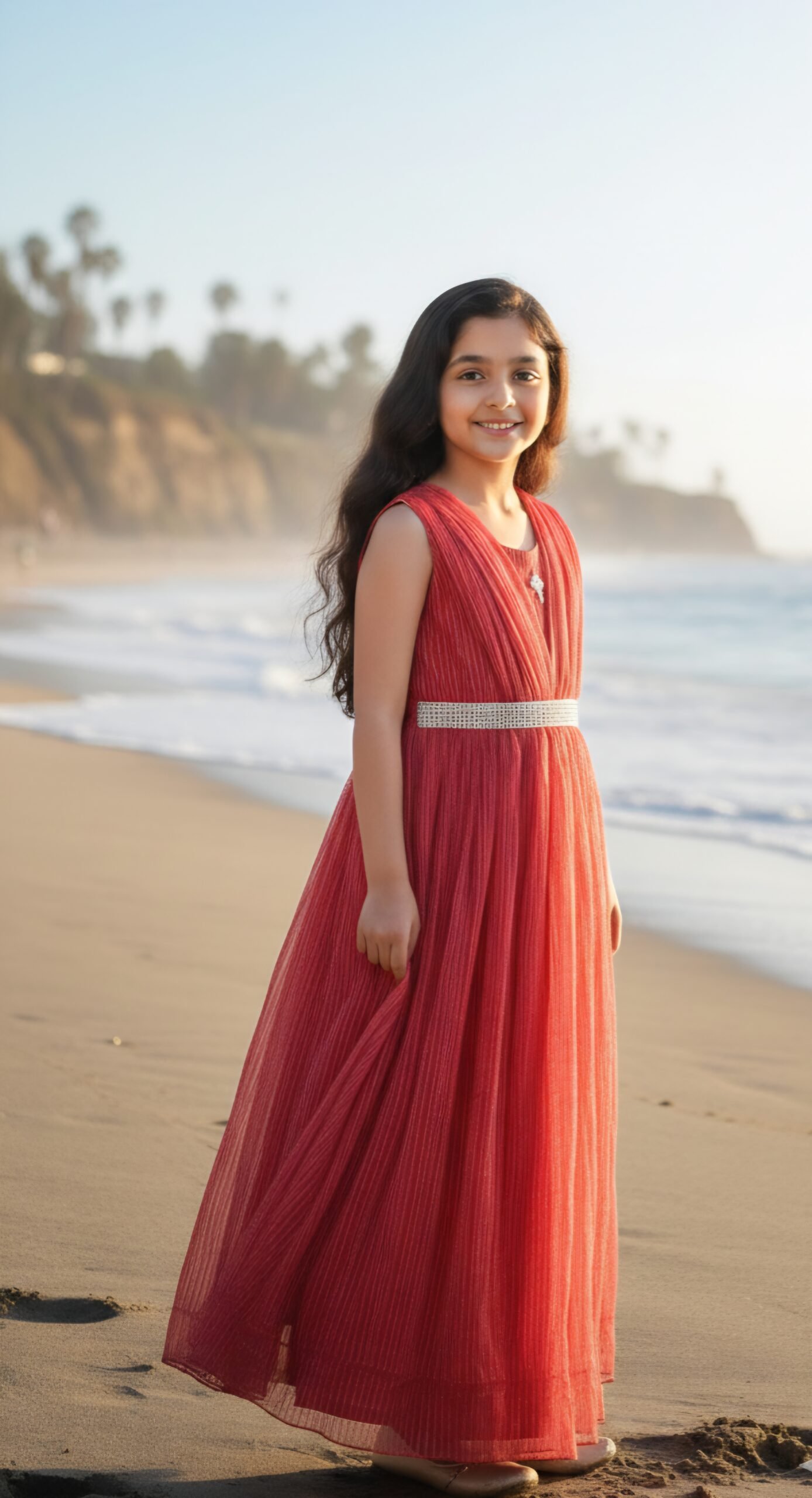 Girls Red Pleated Party Wear Long Dress - Image 5