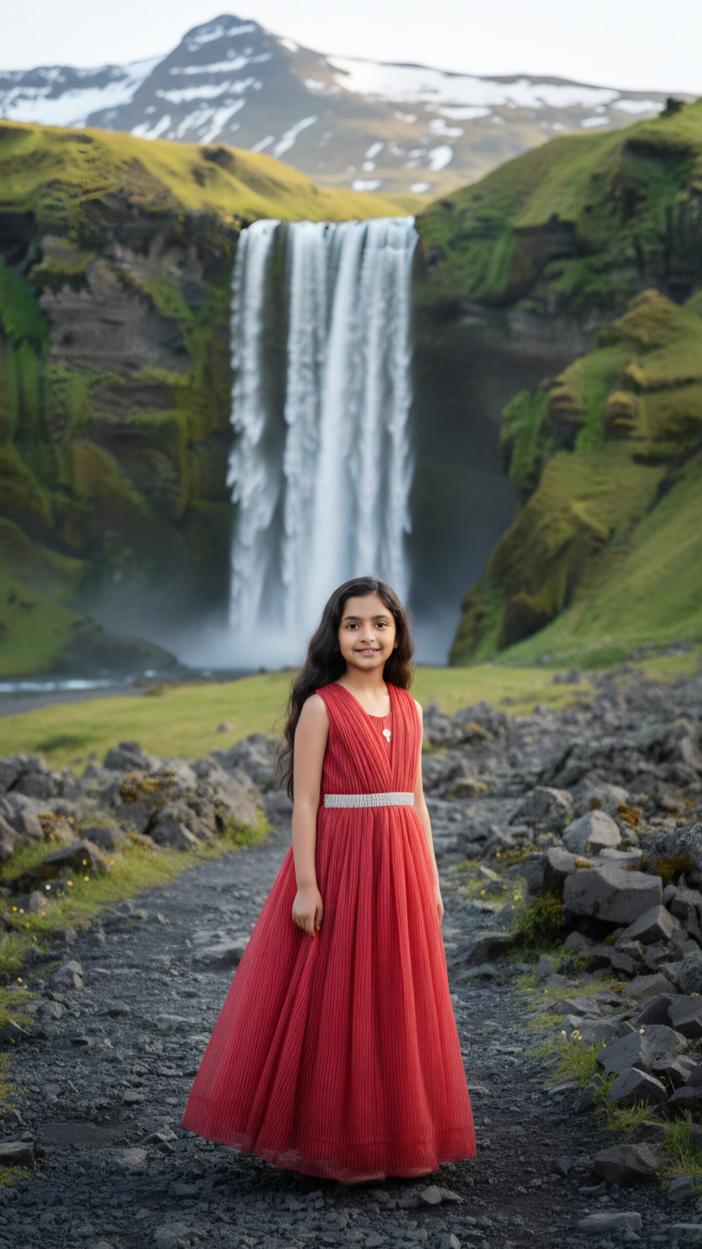 Girls Red Pleated Party Wear Long Dress - Image 4