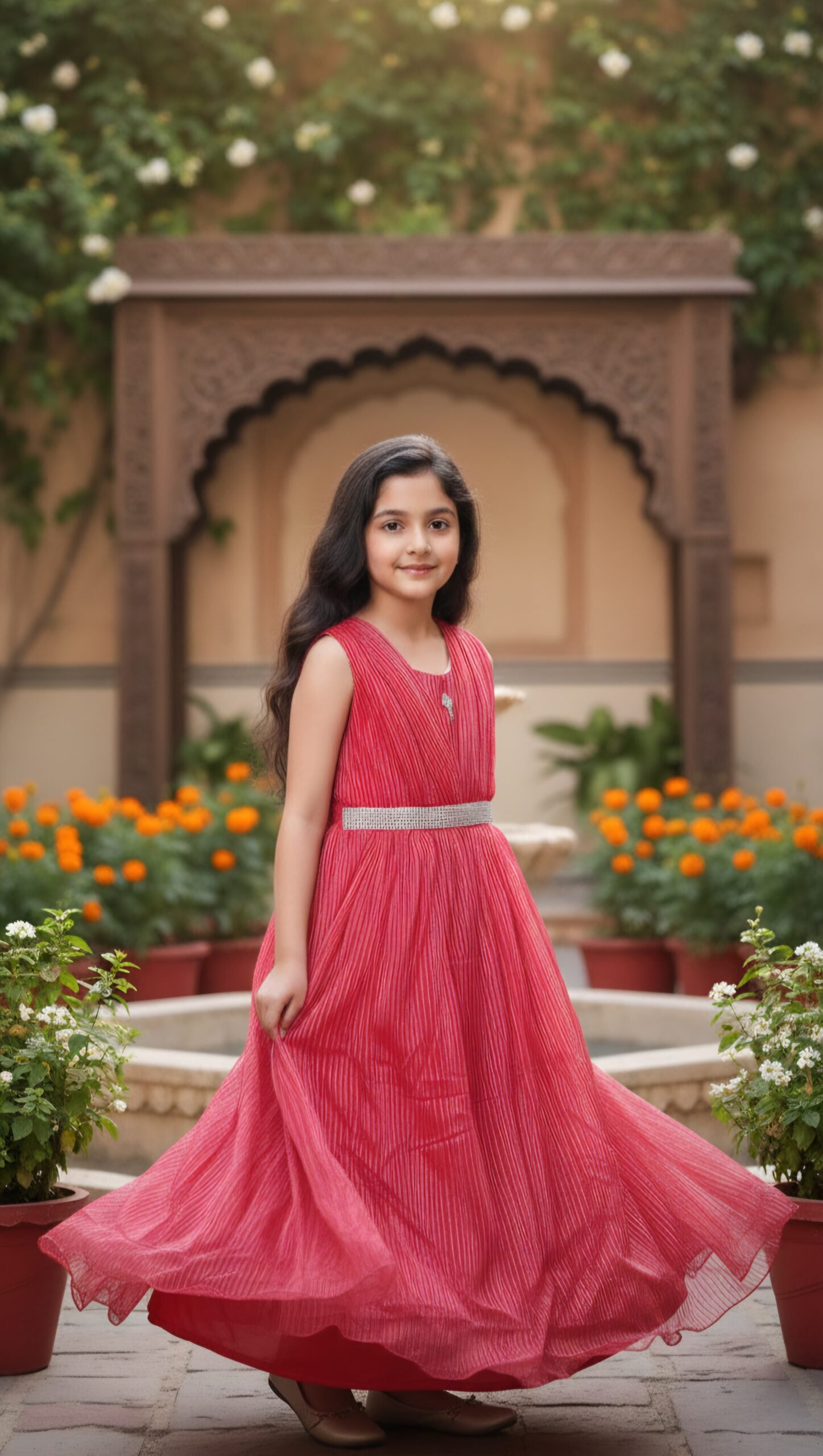 Girls Red Pleated Party Wear Long Dress - Image 2