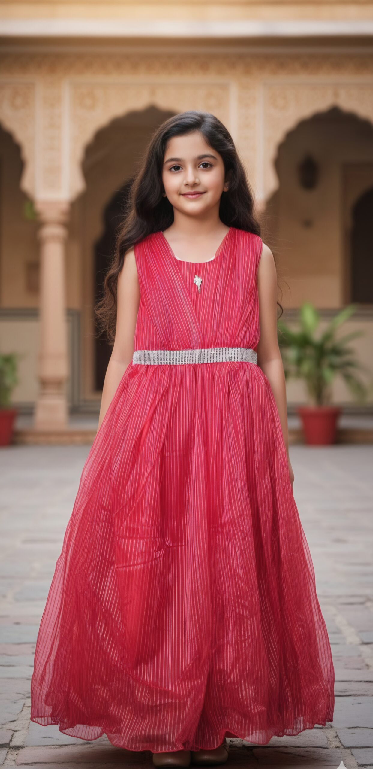 Girls Red Pleated Party Wear Long Dress