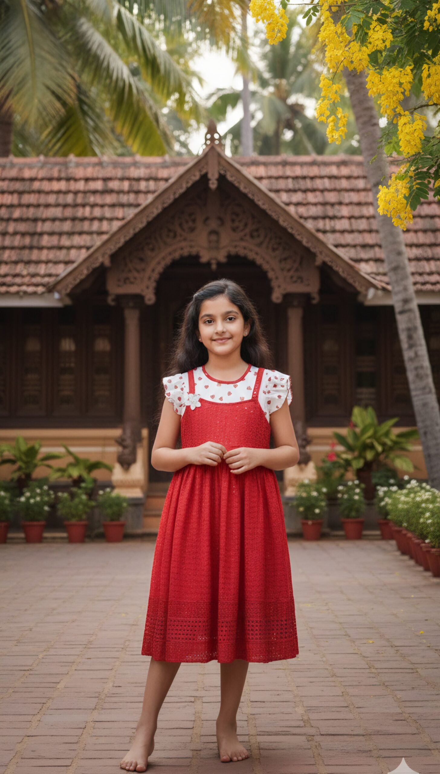 Girls Red Hakoba Dress with Printed Inner Top