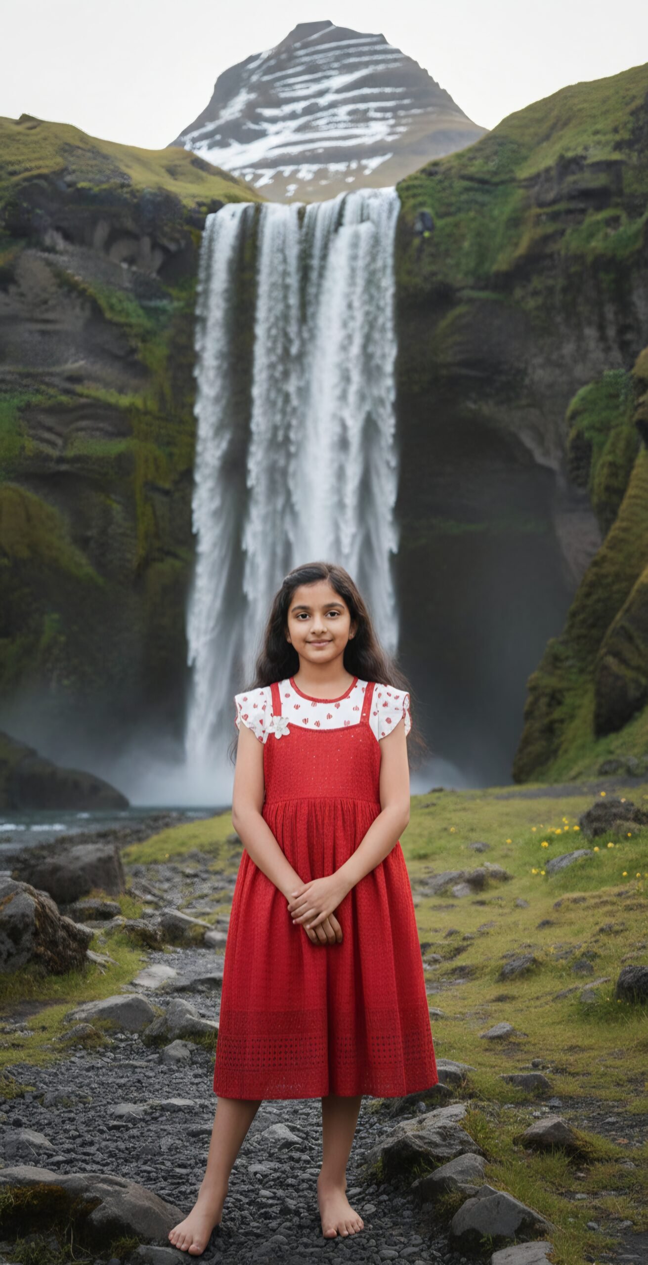 Girls Red Hakoba Dress with Printed Inner Top - Image 2