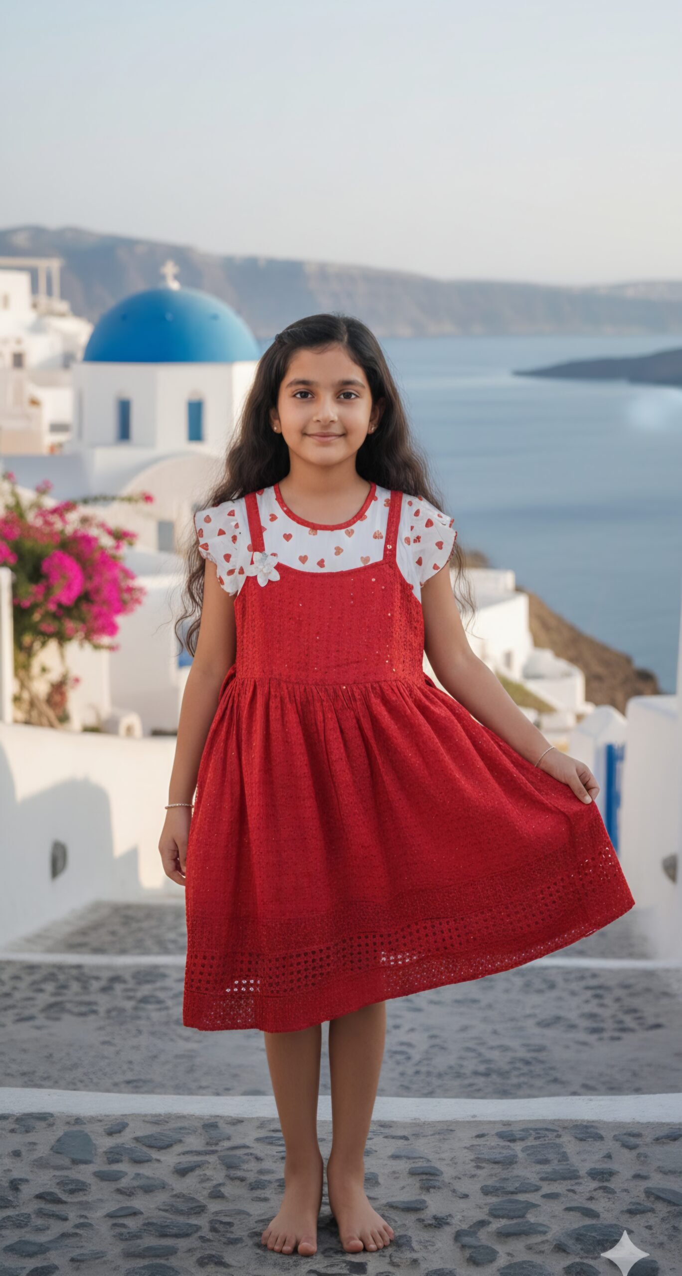 Girls Red Hakoba Dress with Printed Inner Top - Image 3