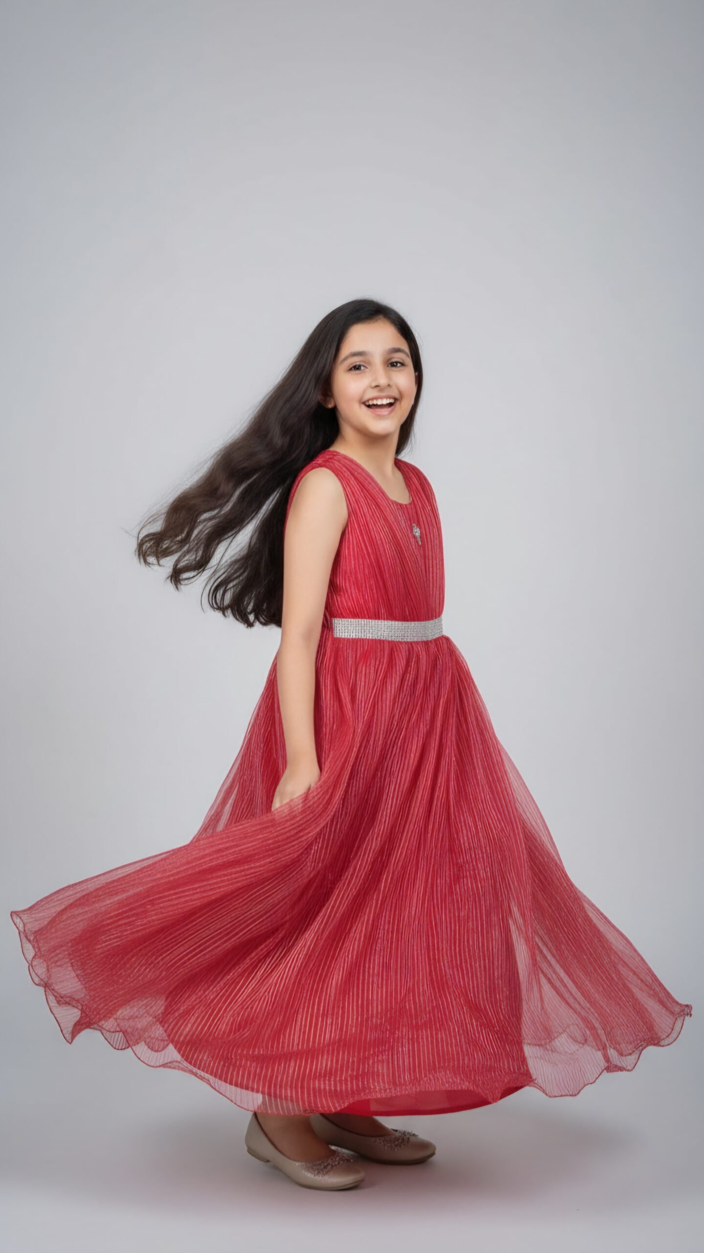 Girls Red Pleated Party Wear Long Dress - Image 3