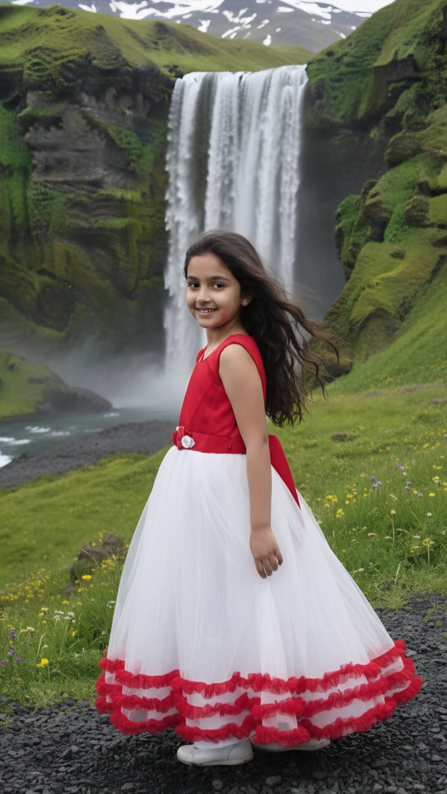 Girls Red & White Party Wear Gown - Image 3