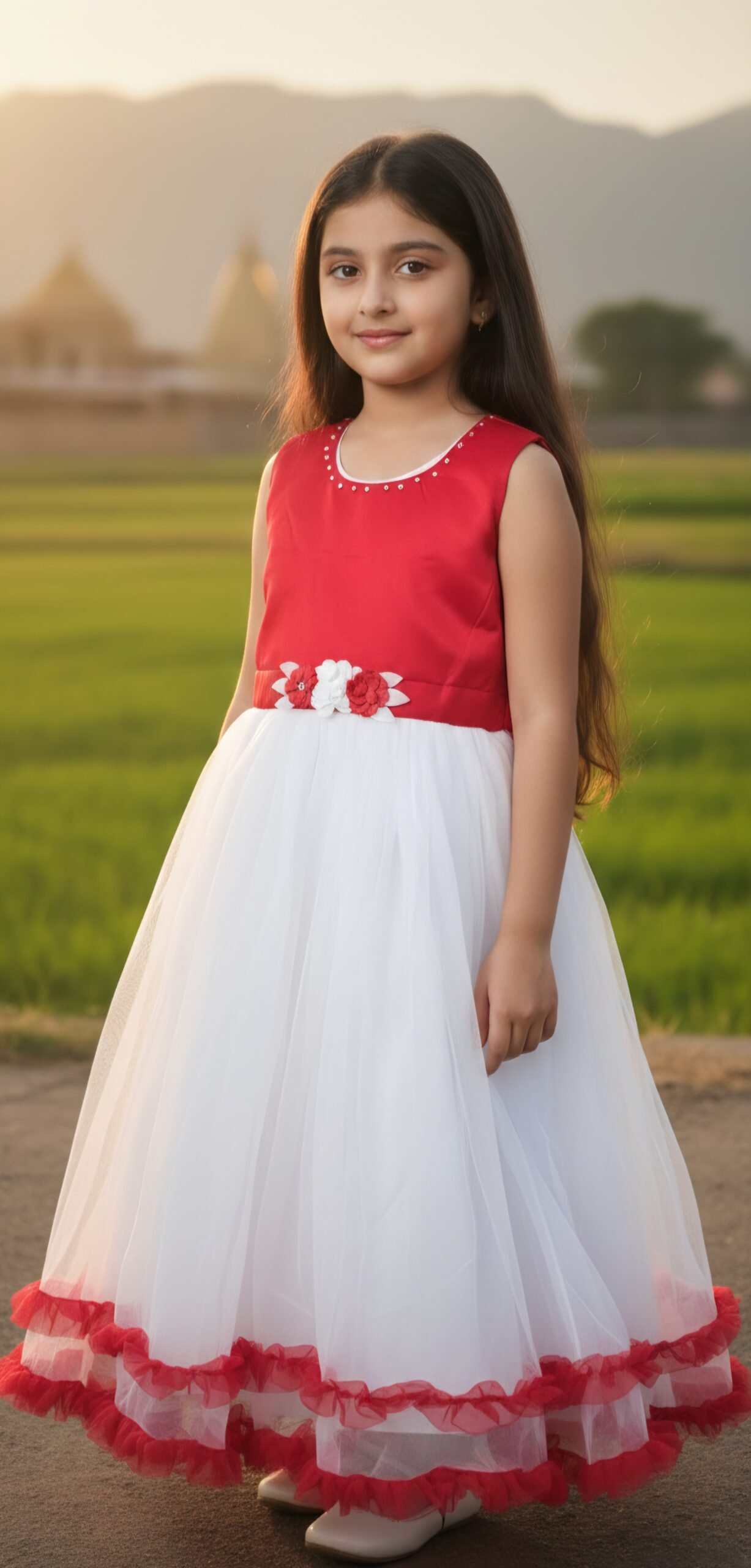 Girls Red & White Party Wear Gown - Image 2