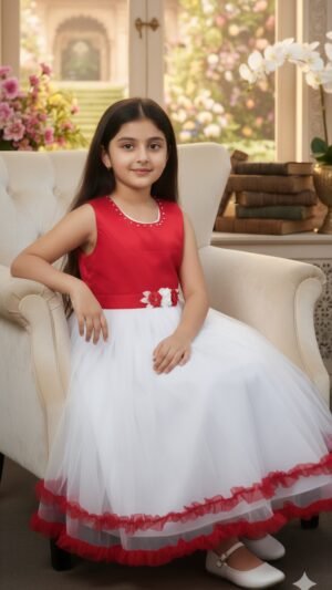 Girls Red & White Party Wear Gown