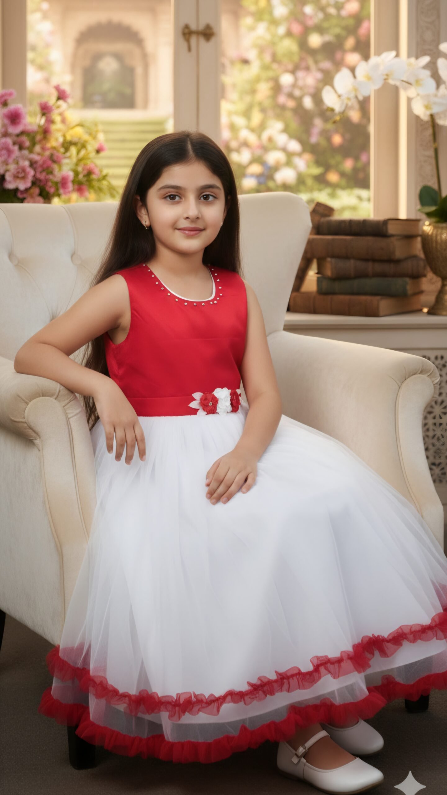 Girls Red & White Party Wear Gown