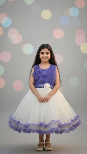 Purple & White Party Frock for Girls
