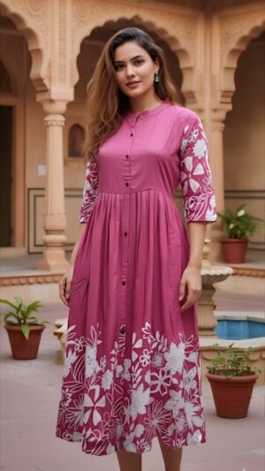 Premium Rayon Frock Style Kurti with Floral Hem