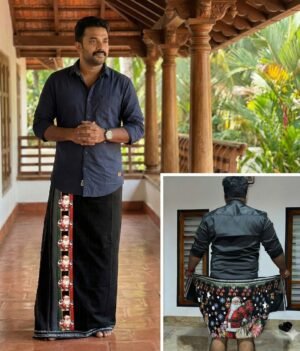 Christmas Special Reflective Printed Men’s Black Mundu (Veshti/Dhoti)