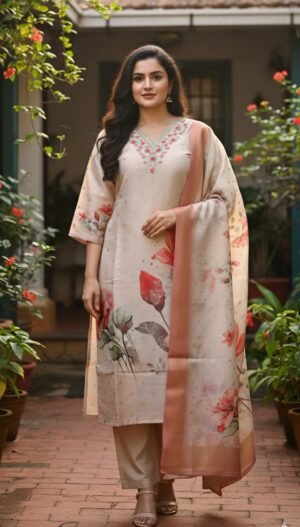 Elegant Cream Shimmer Digital Print 3-Piece Set