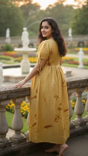 Mustard Yellow Cotton Hakoba Flared Frock Kurti