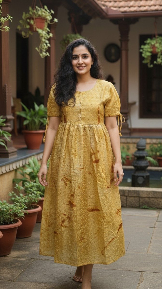 Mustard Yellow Cotton Hakoba Flared Frock Kurti - Image 5