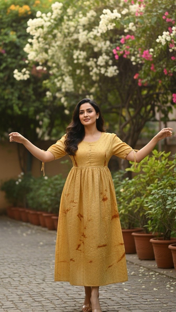 Mustard Yellow Cotton Hakoba Flared Frock Kurti - Image 4