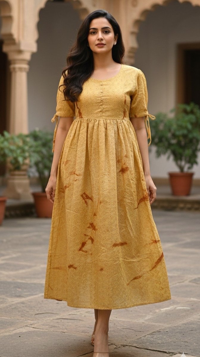 Mustard Yellow Cotton Hakoba Flared Frock Kurti - Image 3
