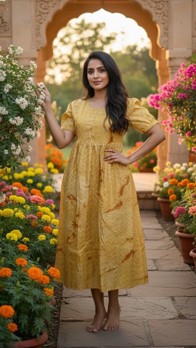 Mustard Yellow Cotton Hakoba Flared Frock Kurti - Image 2