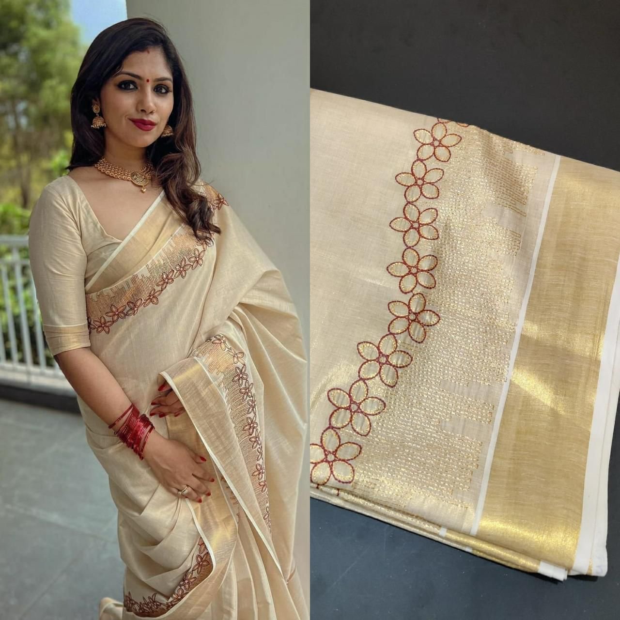 Premium Golden Tissue Kerala Saree - Image 3