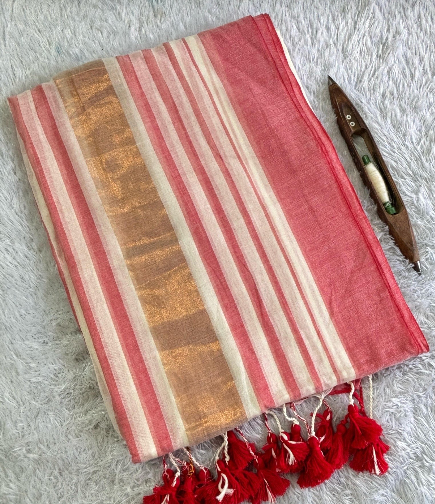 Soft Mul-Mul Cotton Saree with Tassels - Image 2