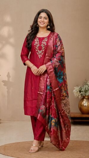 Elegant Maroon Roman Silk 3-Piece Kurta Set