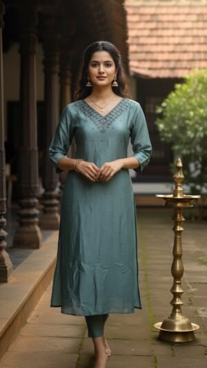 Teal Blue Vichitra Silk Handwork Kurti