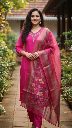 Roman Silk Suit Set with Floral Organza Dupatta